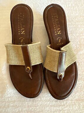 Italian Shoemakers Womens Brown & Gold Wedge Sandals With Burlap Strap Made In I